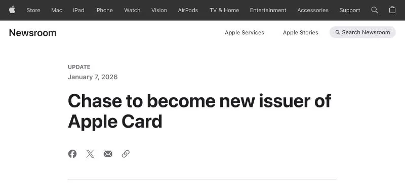 Apple Card 将发行人更改为大通银行。约2年后正式宣布过渡