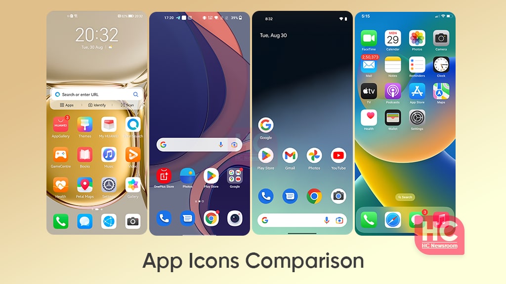 应用程序图标比较：EMUI 12、One UI 5.0、iOS 16、OxygenOS 13、MIUI 13 等